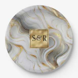 Monogram Imitats Hochzeit Gold, Grau und Weiß Pappteller