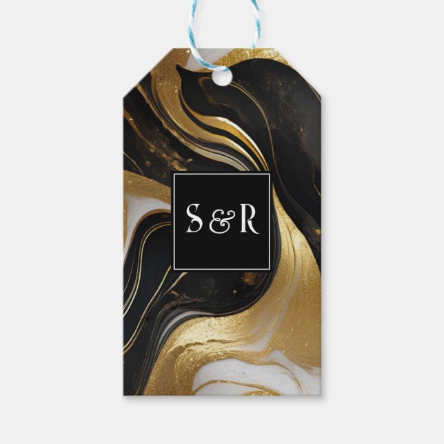 Monogram Imitats Hochzeit Gold, Schwarz & Weiß Geschenkanhänger (Vorderseite)