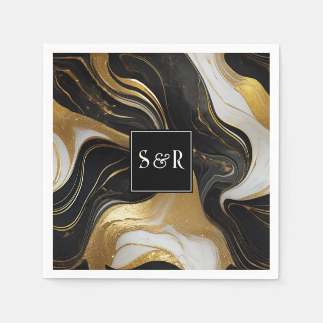 Monogram Imitats Hochzeit Gold, Schwarz & Weiß Serviette (Vorderseite)