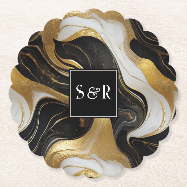 Monogram Imitats Hochzeit Gold, Schwarz & Weiß Untersetzer (Vorderseite)