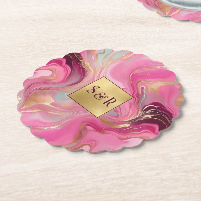 Monogram Imitats Hochzeit Gold und Rosa Untersetzer (angewinkelt)
