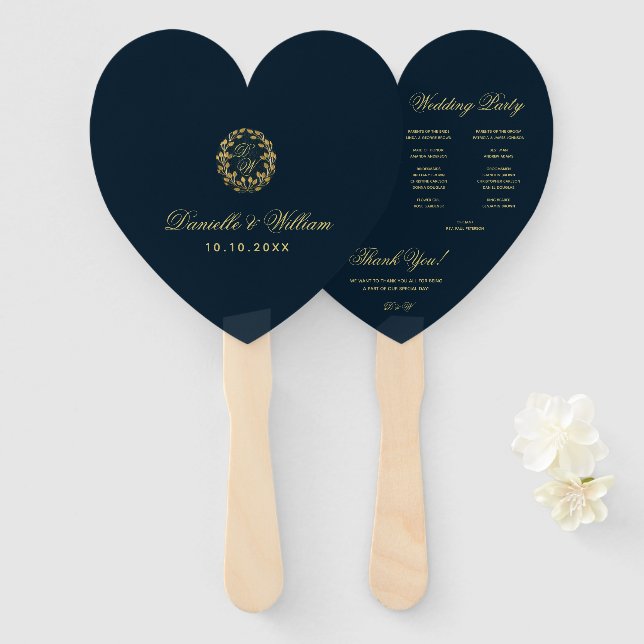 Monogram in Gold Wreath Blue Heart Wedding Program Fächer (Vorne und Hinten)
