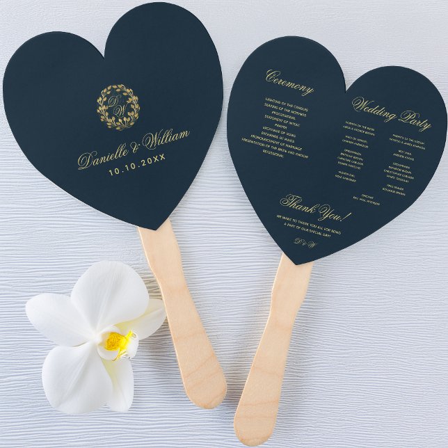 Monogram in Gold Wreath Blue Heart Wedding Program Fächer (Von Creator hochgeladen)