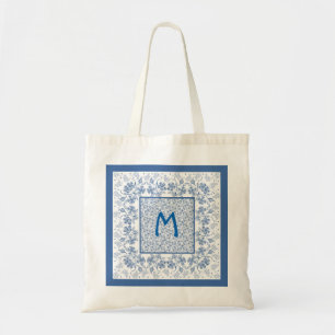 Monogram Indigo Blue Floral Border Toag Tragetasche