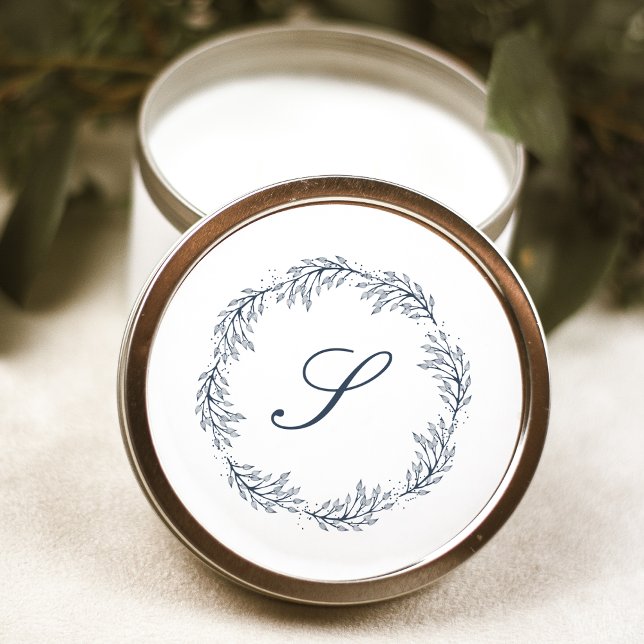Monogram Indigo Blue Wreath Classic Script Wedding Runder Aufkleber (Von Creator hochgeladen)