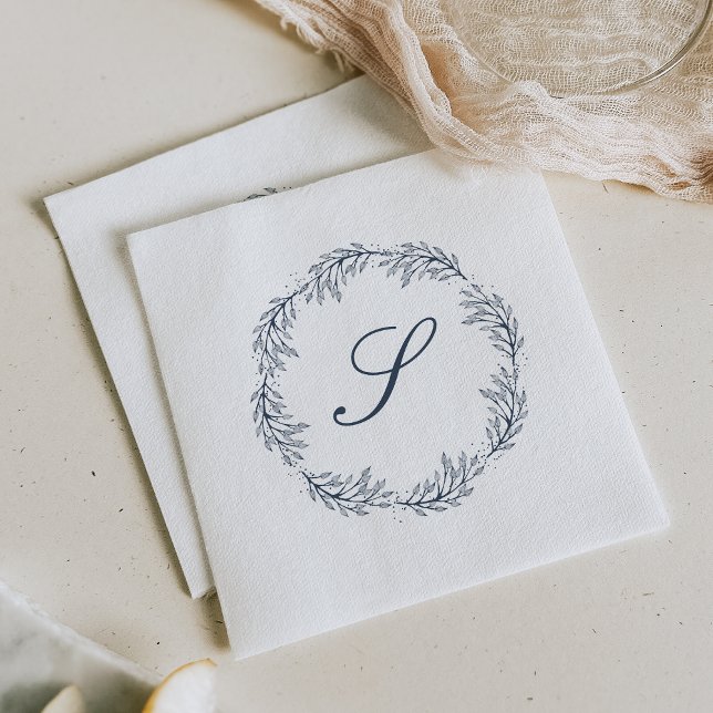 Monogram Indigo Blue Wreath Classic Script Wedding Serviette (Von Creator hochgeladen)