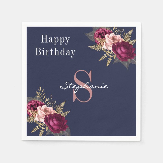 Monogram Individuelle Name Burgundy Pink Gold Flor Serviette (Vorderseite)