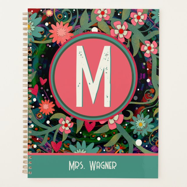Monogram Individuelle Name Floral Teacher Planer (Vorderseite)