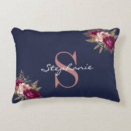 Monogram Individuelle Name Pink Gold Burgundy Flor Dekokissen