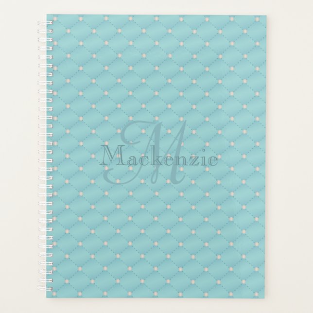 Monogram Individuelle Name Quilt Design Türkis Aqu Planer (Vorderseite)