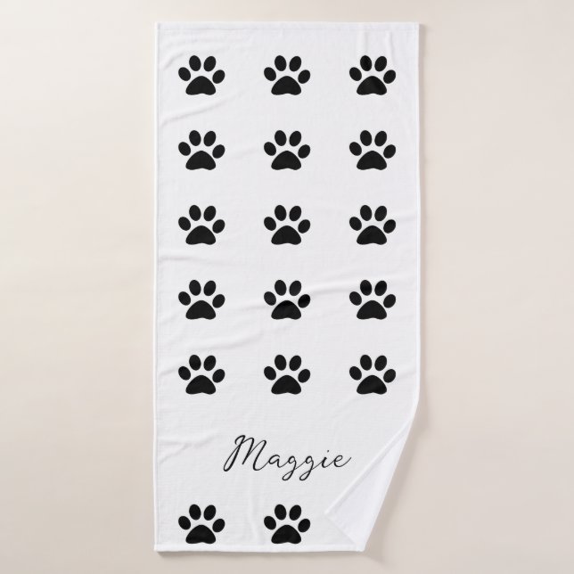 Monogram Individuelle Name Schwarz-weiß Paw Print  Badehandtuch (Badehandtuch)