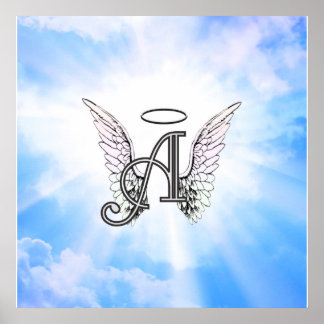 Monogram Initial A, Angel Wings & Halo mit Wolken Poster