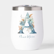 Monogram Initial A Blue Floral Watercolor Geschenk