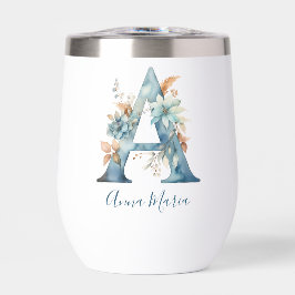 Monogram Initial A Blue Floral Watercolor Geschenk