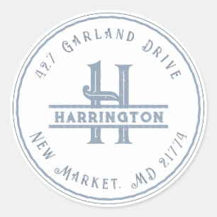 Monogram Initial Address Personalisiert Grunge Blu Runder Aufkleber