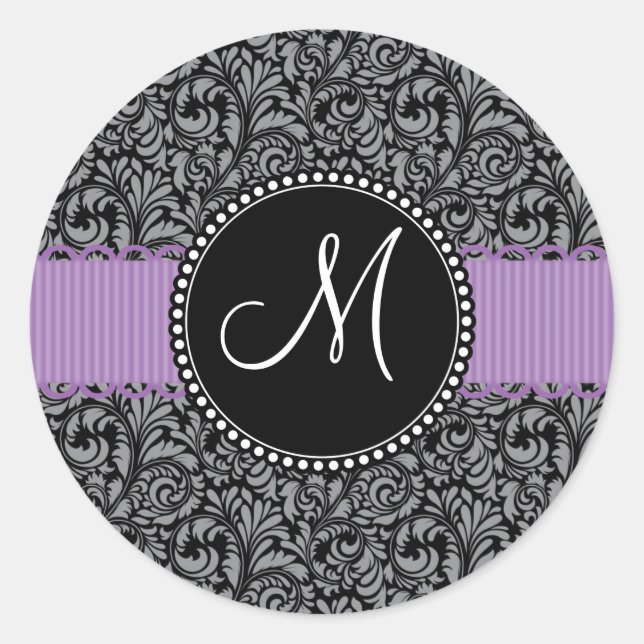 Monogram, Initial Black Floral Damask Lila Ribbon Runder Aufkleber (Vorderseite)