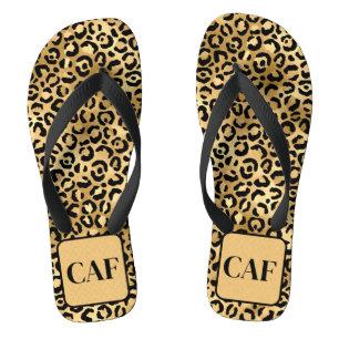 Monogram Initial Black Gold Leopard Cheetah Print Flip Flops