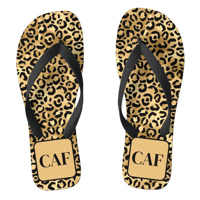 Monogram Initial Black Gold Leopard Cheetah Print Flip Flops (Fußbett)