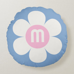 Monogram Initial Blume Power Daisy pink & blue Rundes Kissen
