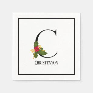 Monogram, Initial C Christmas Holly Paper Serviette