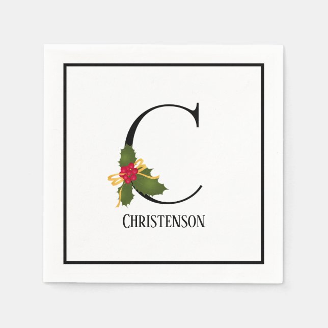 Monogram, Initial C Christmas Holly Paper Serviette (Vorderseite)