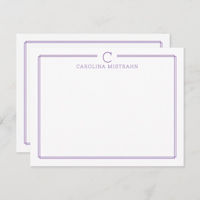 Monogram Initial Casual Purple Border Stationery Mitteilungskarte (Vorne/Hinten)