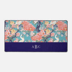 Monogram Initial Chinoiserie Floral Egret Schreibtischunterlage