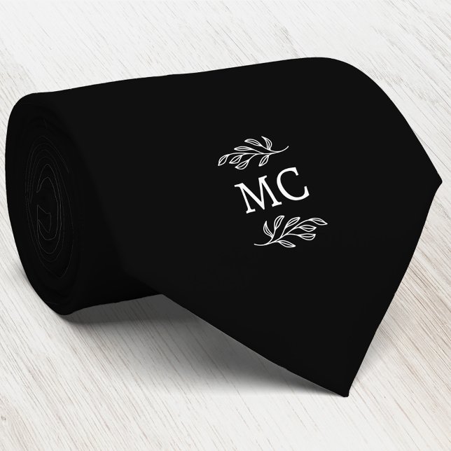 Monogram Initial Crest Botanical Leaf Black Krawatte (Simple botanical leaf monogram initials personalized crest neck tie)