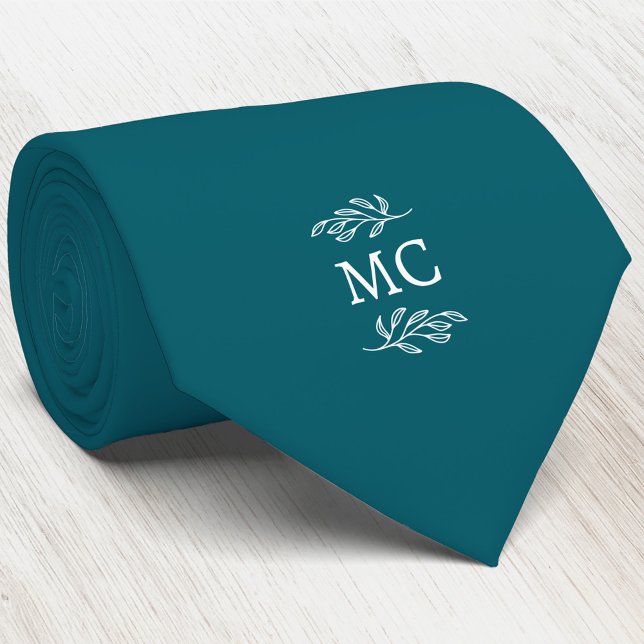 Monogram Initial Crest Botanical Leaf Teal Green Krawatte (Simple botanical leaf monogram initials personalized crest neck tie)