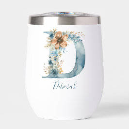 Monogram Initial D Blue Floral Watercolor Gift Ihr