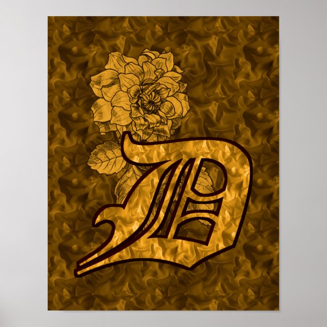 Monogram Initial D Gold Peony Floral Poster (Vorne)