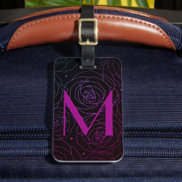 Monogram Initial Dark Floral Rose Magenta Purple Gepäckanhänger