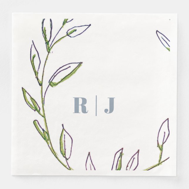 Monogram Initial Dusty Blue Green Leaf Art Wedding Serviette (Vorderseite)