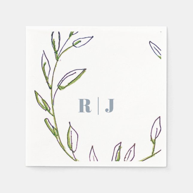 Monogram Initial Dusty Blue Green Leaf Art Wedding Serviette (Vorderseite)