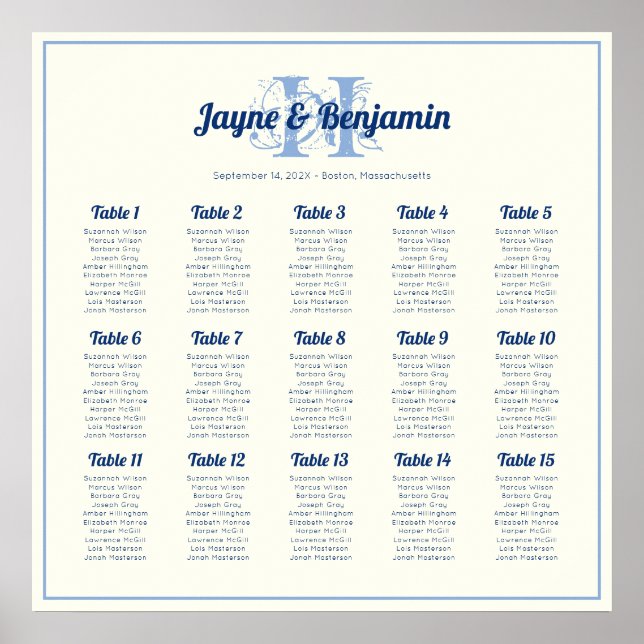 Monogram Initial Ecru Wedding Seating chart poster (Vorne)