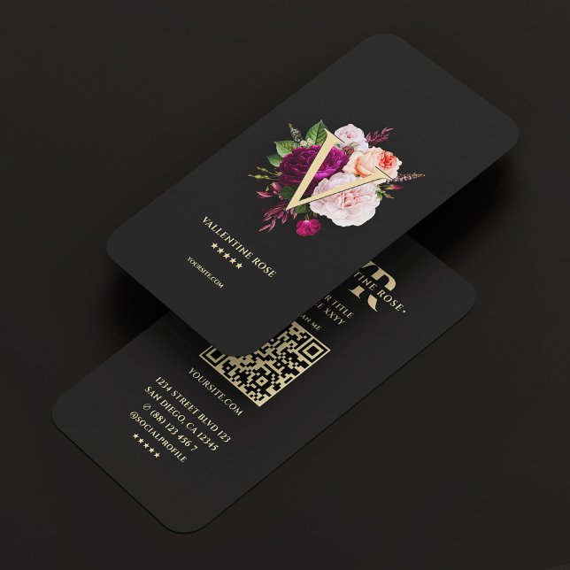 Monogram Initial Elegant Floral Rose Black Visitenkarte (Monogram Initial Elegant Floral Rose Black Gold Business Card
)