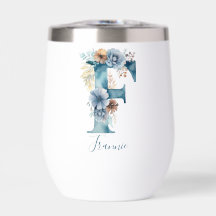 Monogram Initial F Blue Floral Watercolor Gift Ihr
