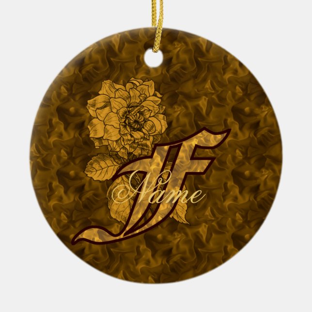 Monogram Initial F Elegant Gold Peony Personalized Keramik Ornament (Vorne)