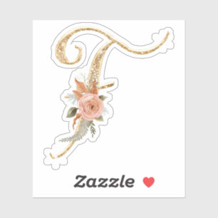 Monogram Initial F Gold Glitzer Peony Rose Floral Aufkleber