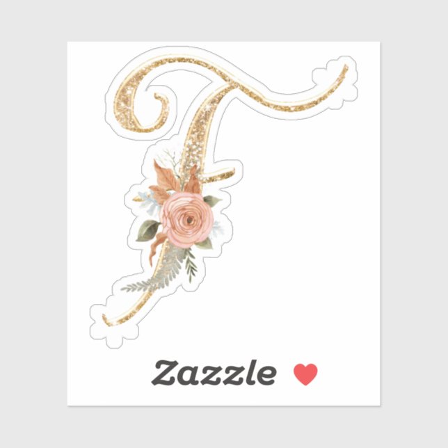 Monogram Initial F Gold Glitzer Peony Rose Floral Aufkleber (Blatt)