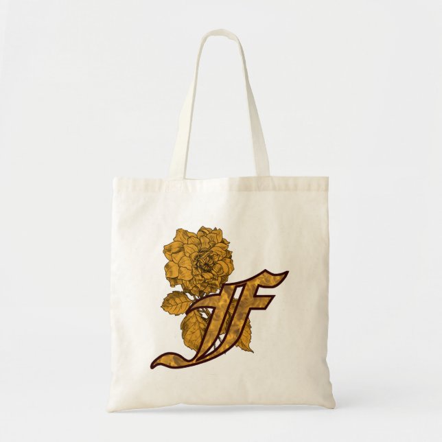 Monogram Initial F Gold Peony Tote Bag Tragetasche (Vorne)
