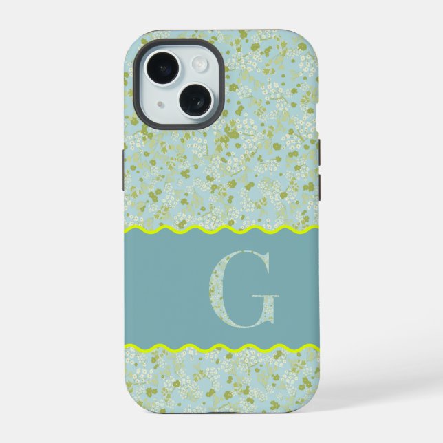 MONOGRAM INITIAL G ACQUA KLEINE BLUME iPhone 15 HÜLLE (Rückseite)