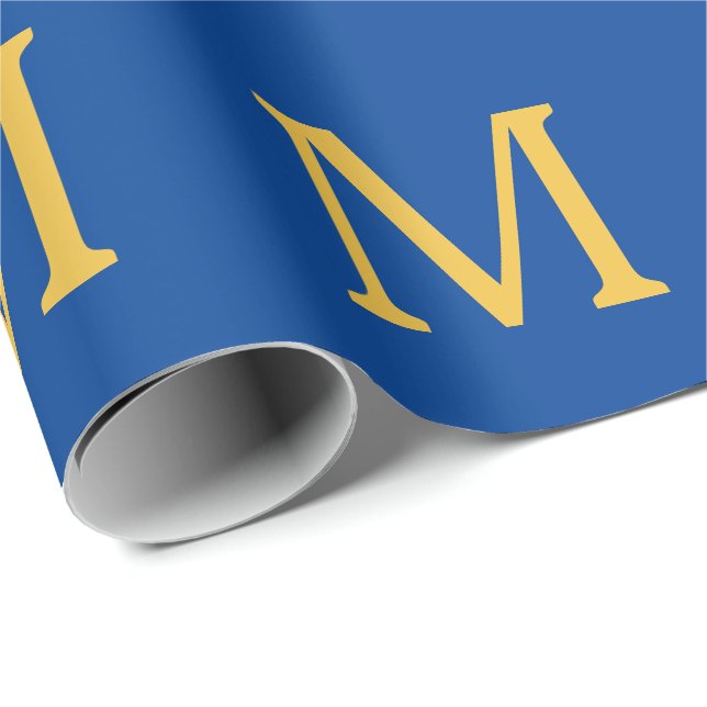 Monogram Initial Gold Blue Individuelle Name Party Geschenkpapier (Rolleneckpunkt)