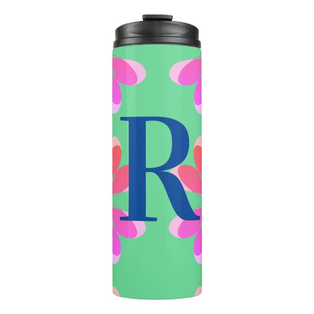 Monogram, initial Hot Pink Lime Green Retro Floral Thermosbecher (Vorderseite)