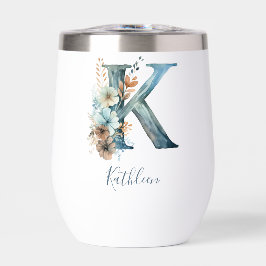 Monogram Initial K Blue Floral Watercolor Geschenk