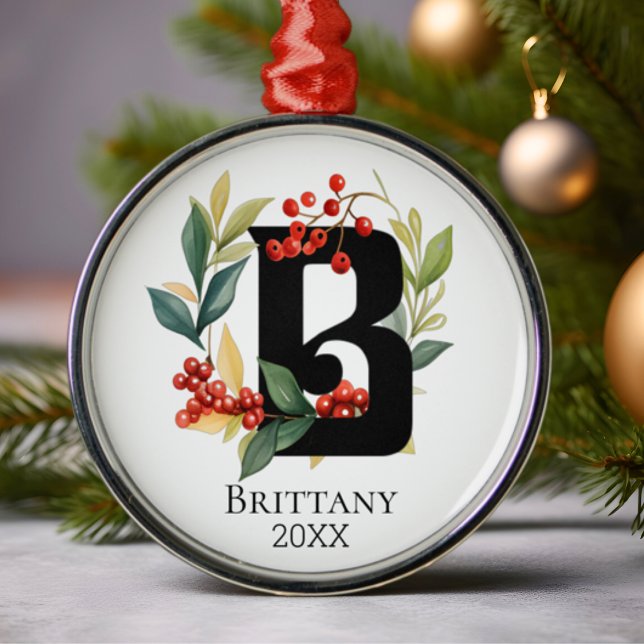 Monogram Initial Letter B Berry Wreath Christmas Ornament Aus Metall (Von Creator hochgeladen)