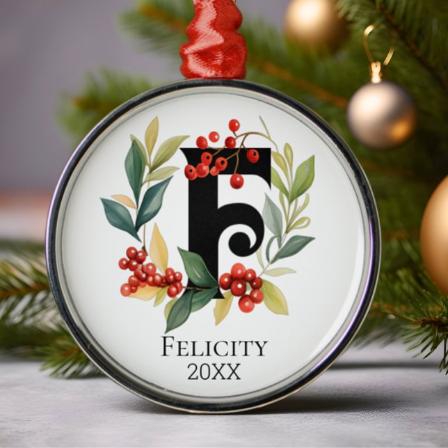 Monogram Initial Letter F Berry Wreath Christmas Ornament Aus Metall (Von Creator hochgeladen)