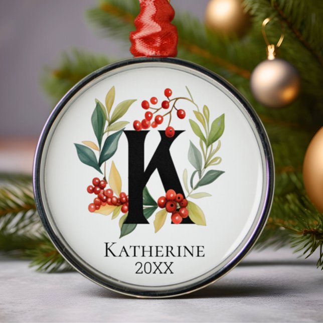 Monogram Initial Letter K Berry Wreath Christmas Ornament Aus Metall (Von Creator hochgeladen)