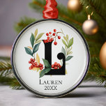 Monogram Initial Letter L Berry Wreath Christmas Ornament Aus Metall<br><div class="desc">Ein elegantes Monogramm Initial Letter L mit einem Weihnachts-Berry-Kranz und einem Ort zum Personalisieren mit Name und Jahr.</div>