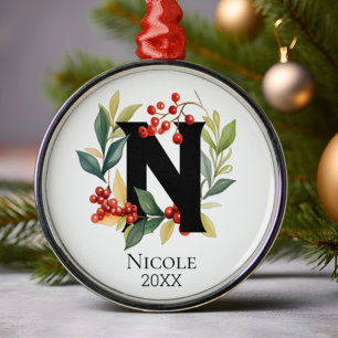Monogram Initial Letter N Berry Wreath Christmas Ornament Aus Metall